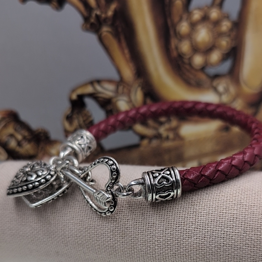 Premier Designs Maroon Braided Bracelet with Silver Heart and Arrow Charm